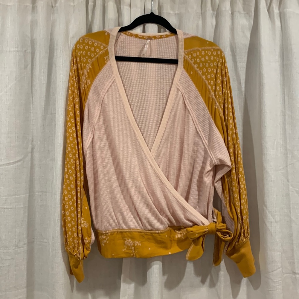 Size M, Free People yellow and pink free waffle texture wrap top sweater